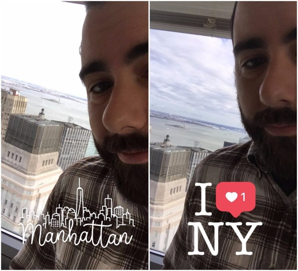 A handsome man in front of the Statue of Liberty using Snapchat (left) and Instagram Stories (right).