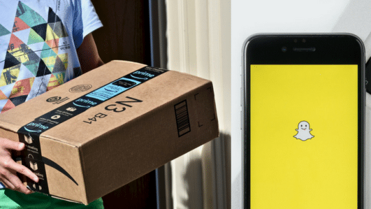 Amazon delivery box, next to Snapchat loading screen on smartphone