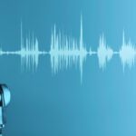 Professional microphone with waveform on blue background banne