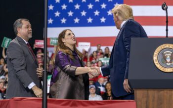 Battle Creek, Michigan / United States - December 18, 2019: President Trump with Republican National Convention Chair Ronna Romney McDaniel and Michigan Republican Party Cochair Terry Bowman