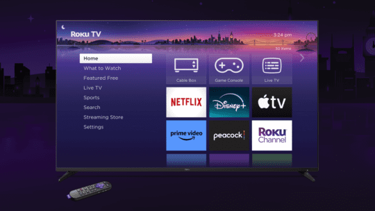 Roku platform on tv screen with remote.