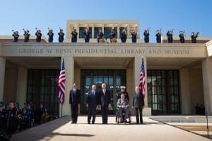 All five living U.S. Presidents gathered on April 25, 2013, in Dallas to help George W. Bush kick off the dedication of his Presidential Library. (L-R) Barack Obama, George W. Bush, Bill Clinton, George H.W. Bush and Jimmy Carter. 