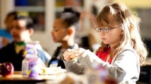 A student eats breakfast at a Colorado elementary school.