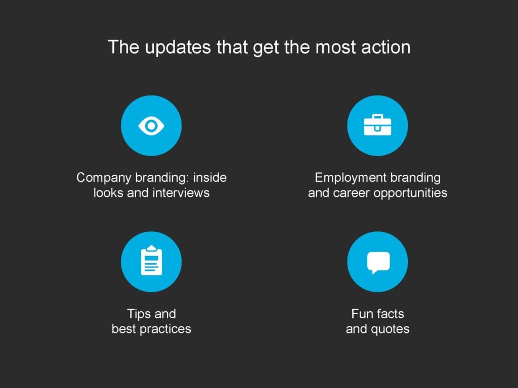 LinkedIn may cater to companies and organizations that want to build up their business presence and raise awareness, but there’s no such thing as a free ride. PR managers have to take the time to ensure that they are providing legitimate, actionable business information on LinkedIn and not content that feels like fluff or users can find just about anywhere online. LinkedIn users want sharp insights on what makes an organization tick. They also want to hear from senior executives about a brand’s attributes. But unlike your dad’s jobs forum, users want some levity, such as fun facts and quotes about a company. 