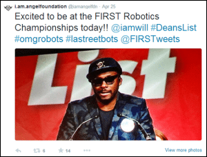 TAPPING A NEW TUNE: will.i.am live tweets from FIRST Championship, showcasing his support for FIRST and STEM education. Photo courtesy: FIRST, Cone Communications