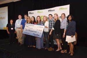 PR Alchemists: Judges Allison Steinberg (far left) and Pia De Lima (far right) flank the winning team. Tom Gubbins of PressPage is second from left. 