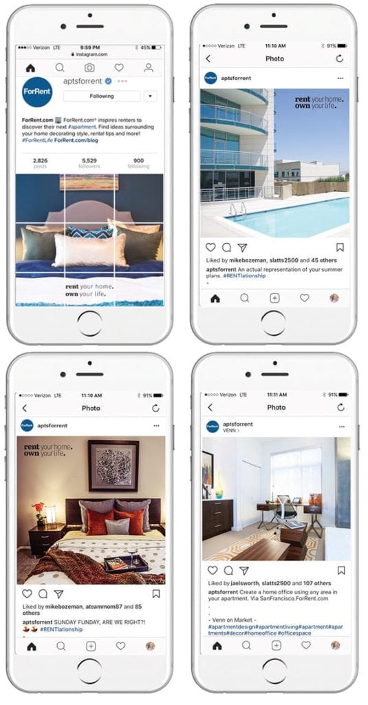 Bright Pics Work: The Instagram post on the upper right illustrates the emphasis ForRent.com puts on bright images. At upper left is an imaginative use of six posts to create one complete picture. Source: ForRent.com