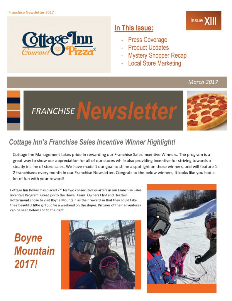 Uphill/Downhill: A page from Cottage Inn Pizza’s internal newsletter shows a lucky franchisee skiing in reward for high sales.