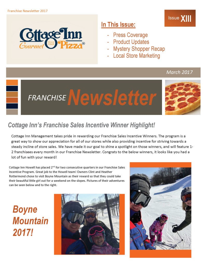 Uphill/Downhill: A page from Cottage Inn Pizza’s internal newsletter shows a lucky franchisee skiing in reward for high sales. 