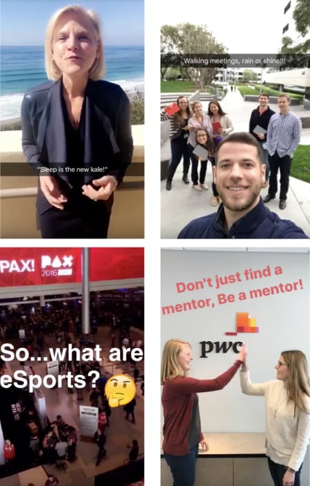 A Light Touch: Examples of videos showing a more relaxed side of the PwC brand and culture. The idea is to help recruiting while raising brand awareness and employee retention. Source: PwC 