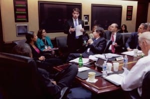 In Brief: The author briefs President Obama, Vice President Biden and other officials in the White House Situation Room. (Photo credit: Pete Desouza, The White House) 