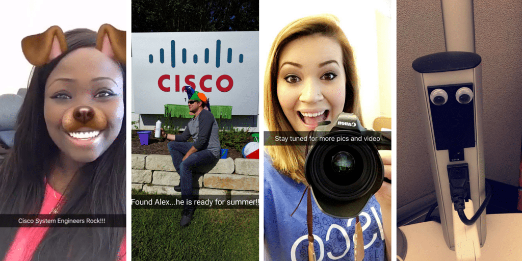 Fun Bunch: Examples of the WeAreCisco channel’s daily employee takeovers that allow for prospective Cisco employees to get a raw, Snapchat-style look into the culture at the company through the eyes of employees. Source: Cisco 
