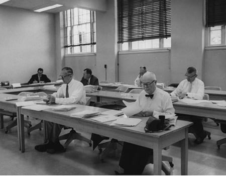 Making The Grade: The CFA Institute used this archival image of test graders from the 1960s to have fun and generate buzz for an exam it was offering. Source: The CFA Institute
