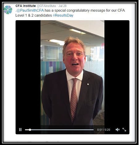 Face Time: A video message on Twitter from The CFA Institute’s president/CEO Paul Smith to recent test takers adds a human touch to the brand. Source: The CFA Institute 