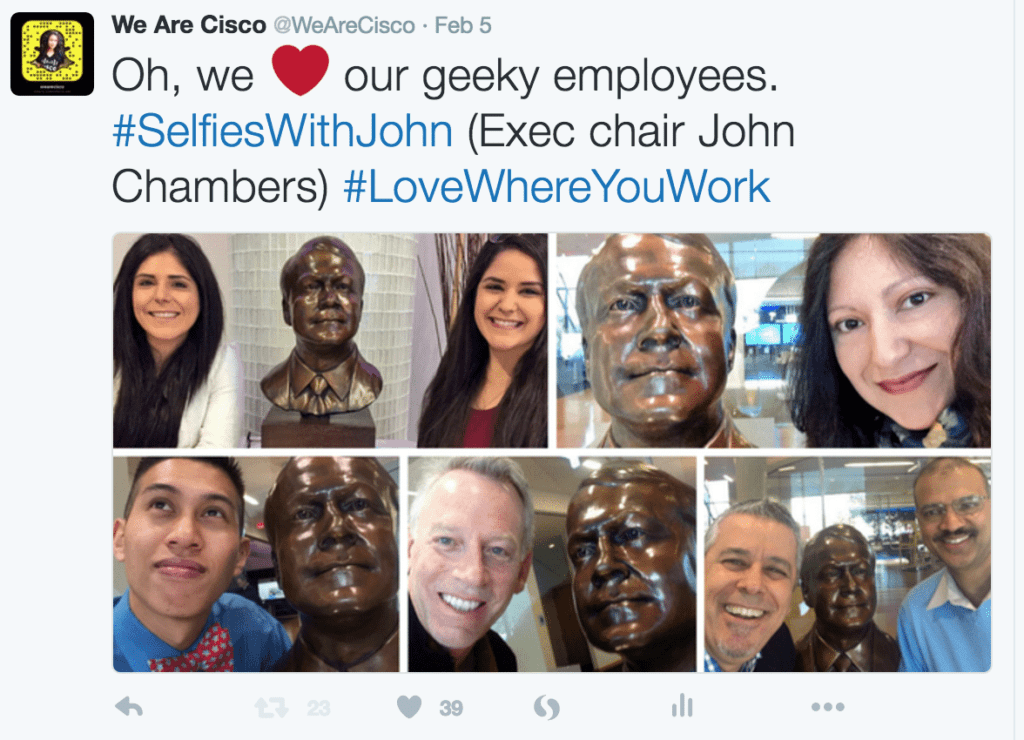 Snapchat or Bust: Showing the lighter side of Cisco is its willingness to display these shots of employees posing with board chairman John Chambers as part of its Snapchat Stories series. Source: Cisco