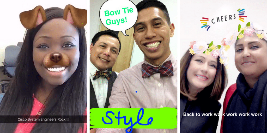 Snappy Dressers: It’s clear these humorous snaps from employees frame Cisco’s culture as a fun place to work. The brand appreciates a favorable image when it is recruiting members of the young demographic, who are heavy Snapchat users. Source: Cisco 