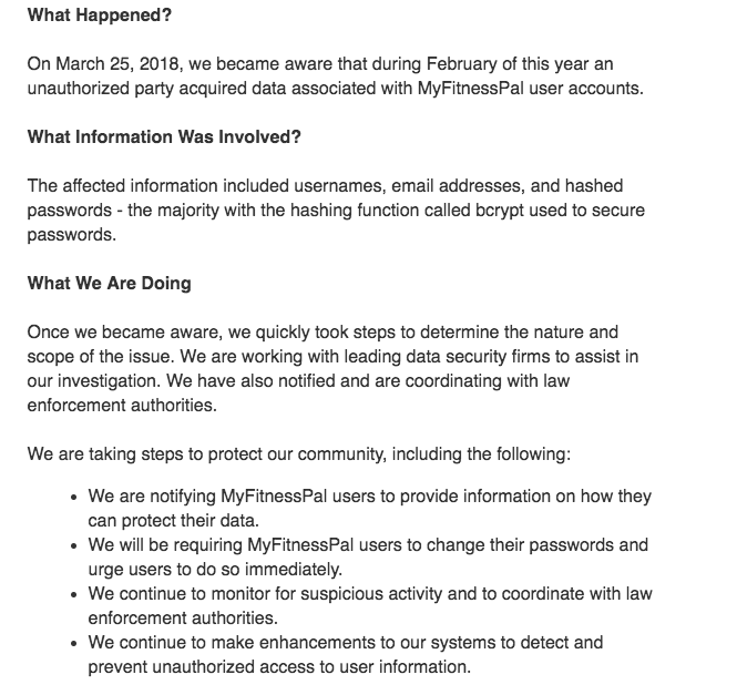 A portion of Under Armour's email to MyFitnessPal users