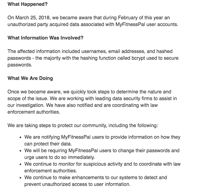 A portion of Under Armour's email to MyFitnessPal users 