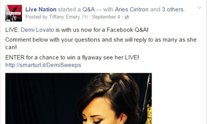 Facebook | Community / Engagement: Live Nation Entertainment - Demi Lovato Facebook Q+A  