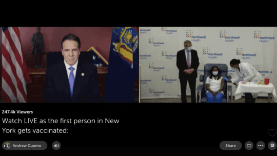 Governor Andrew Cuomo watched administration of the first COVID vaccine in New York State.