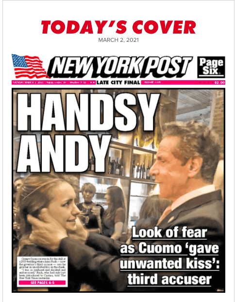 New York Post image of Andrew Cuomo following sexual harassment scandal