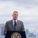 NYC Mayor Bill de Blasio at podium