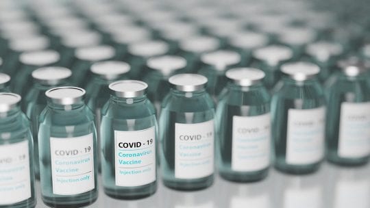 Covid vaccine dosage bottles lined up for those wishing to get the vaccine.