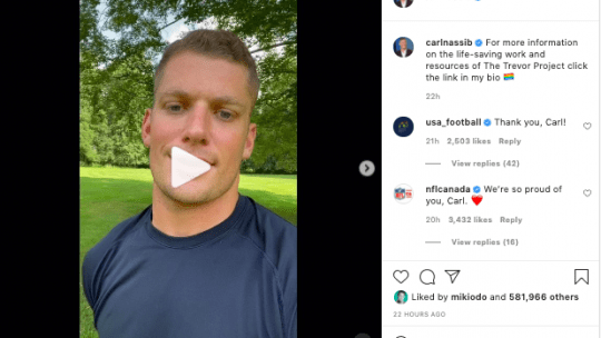 Screen shot of Carl Nassib Instagram post, supportive comments on the right side