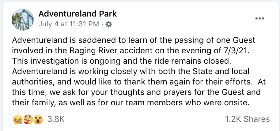 Adventureland Park releases statement on Facebook