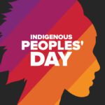 indigenous peoples' day graphic with sillhouette of woman, stripes of orange and purple hues