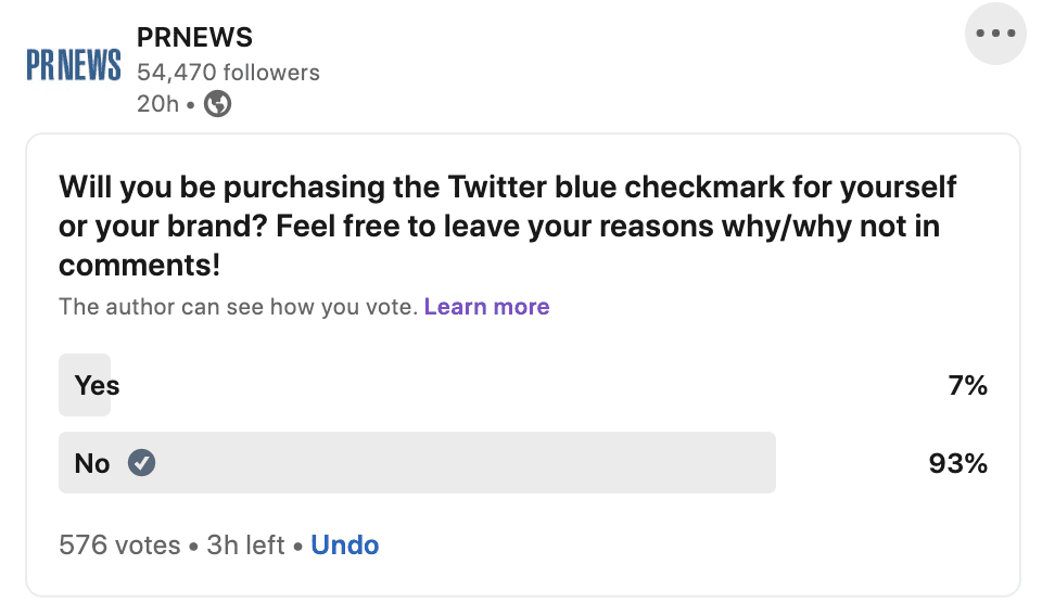 LinkedIn poll says a majority of PRNEWS followers will not be purchasing Twitter's blue checkmark