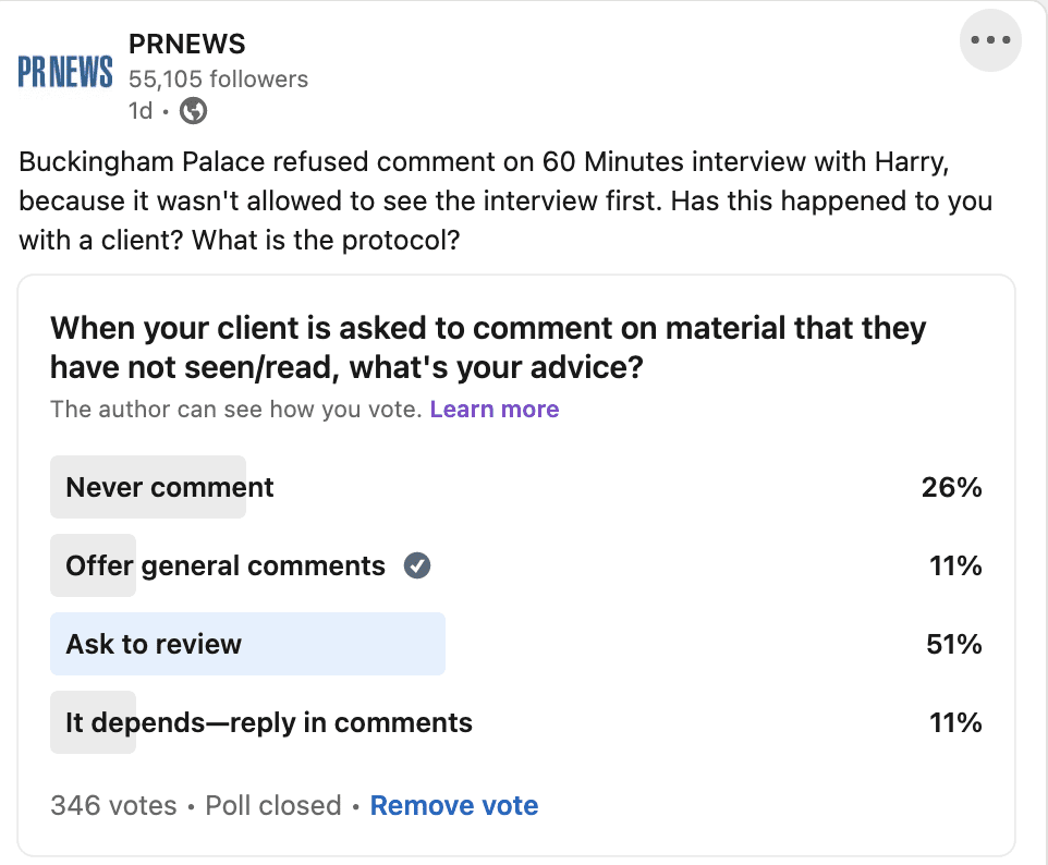 LinkedIn Live poll shows half of communicators wanting to review stories before commenting on them