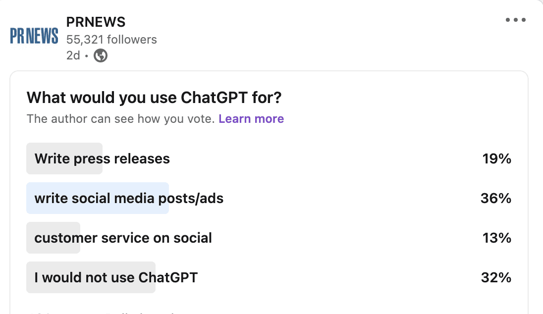 LinkedIn Poll asking communicators how they would use ChatGPT. one-third said they would not.