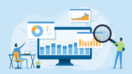 Flat vector design statistical and Data analysis for business finance investment concept with business people team working on monitor graph dashboard