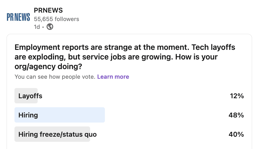 LinkedIn poll on PR industry hiring/firing