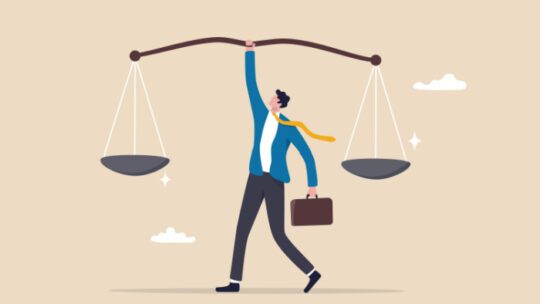 illustration of businessman leader lift balance ethical scale.