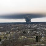 mushroom cloud over east palestine ohio after Norfolk Southern train derailment