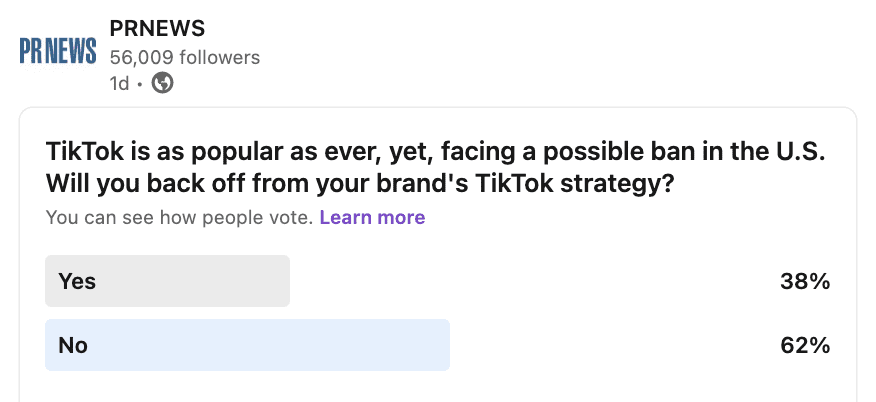LinkedIn poll on PRNEWS readers using TikTok for work