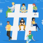 Flat vector hashtag big symbol with guys and women follow the trend