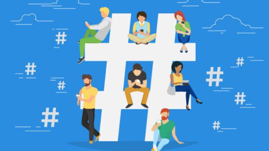 Flat vector hashtag big symbol with guys and women follow the trend