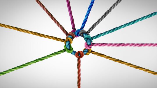 diverse ropes connected together as a corporate symbol for cooperation and working collaboration.
