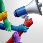 Group voice and social diversity message or diverse society speaking with one megaphone as a team communication and teamwork chat concept with 3D illustration elements.