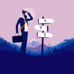 Business decision - Modern businessman standing in front of signpost showing different directions. Career uncertainty, choices, and unknown future concept. Vector illustration.