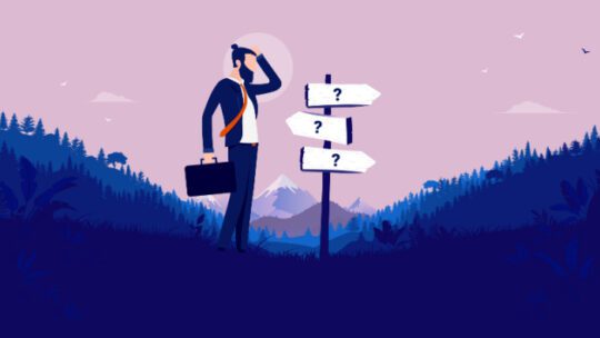 Business decision - Modern businessman standing in front of signpost showing different directions. Career uncertainty, choices, and unknown future concept. Vector illustration.