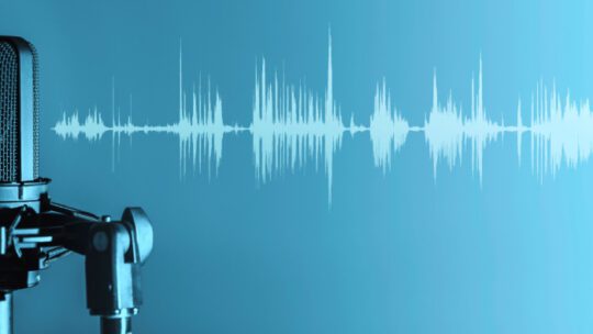 Professional microphone with waveform on blue background banne