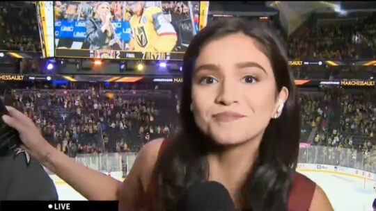 CBS Miami reporter Samantha Rivera pushes a rowdy fan out of the camera shot at the end of the Panthers Golden Knights Stanley Cup playoffs Game 2