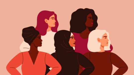 Five women of different nationalities and cultures standing together. Friendship poster, the union of feminists or sisterhood. The concept of gender equality and of the female empowerment movement.