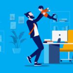 Businessman getting a visit from his son child at work, playing around and having fun. Children in the workplace concept. Vector illustration.