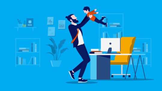 Businessman getting a visit from his son child at work, playing around and having fun. Children in the workplace concept. Vector illustration.