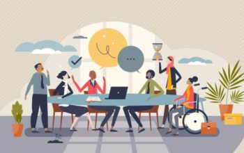 Diversity and inclusion in workplace as team acceptance tiny person concept. Teamwork power with various ethnic, racial and culture groups vector illustration.